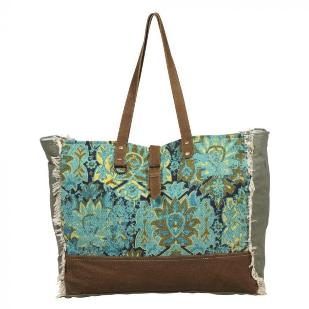 Myra Bag Aqua Magic XLarge Weekender Bag with Leather Accents NWT